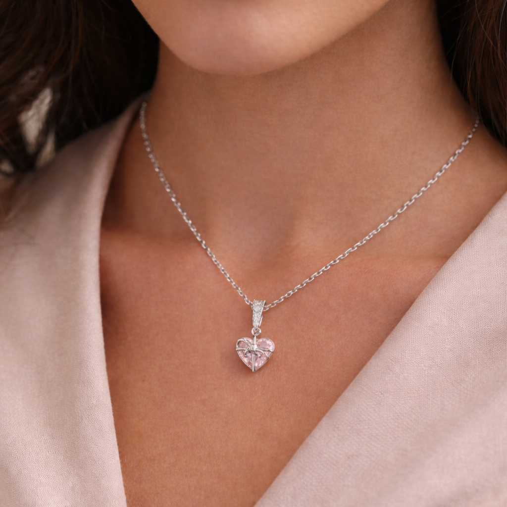 Blush Bow Heart Pendant Necklace